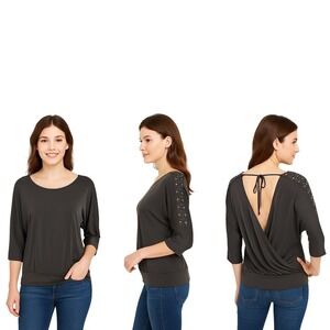Rock And Republic Blouse Size S‎ Black 3/4 Sleeve Studded Open Back Tie Top